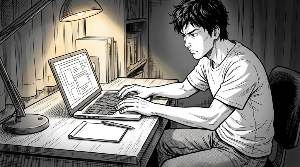 自宅の書斎で真剣な表情でノートパソコンに向かい、プロフィールを作成している30代前半男性の線画イラスト