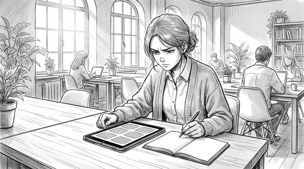 コワーキングスペースのデスクで、タブレットを見ながら案件を選定している20代後半女性の線画イラスト