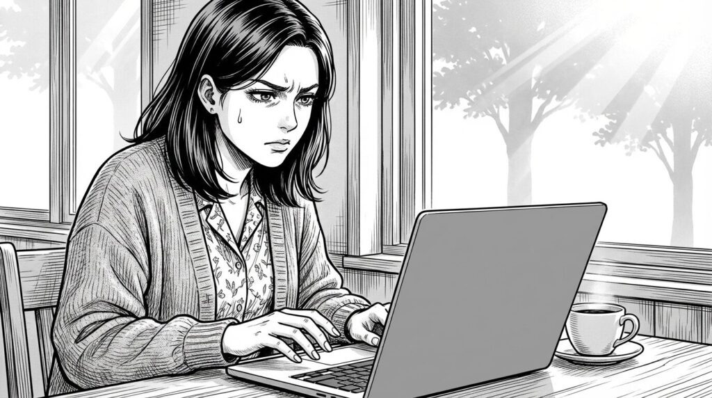 カフェの窓際席で、ノートパソコンを開き、真剣な表情で単価交渉のメッセージを書いている30代前半女性の線画イラスト