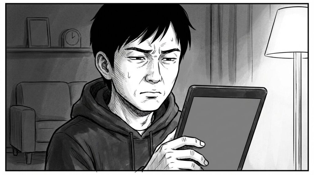 自宅のリビングで、タブレットを見ながら不安そうな表情でクライアント情報を確認している20代後半男性の線画イラスト