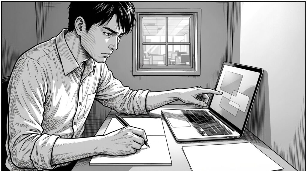 コワーキングスペースの個室で、ノートパソコンを見ながら契約内容を確認している30代前半男性の線画イラスト