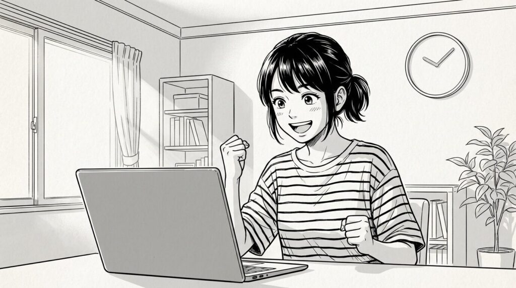 自宅の書斎で、ノートパソコンの画面に表示された継続依頼のメッセージを見て喜んでいる20代後半女性の線画イラスト