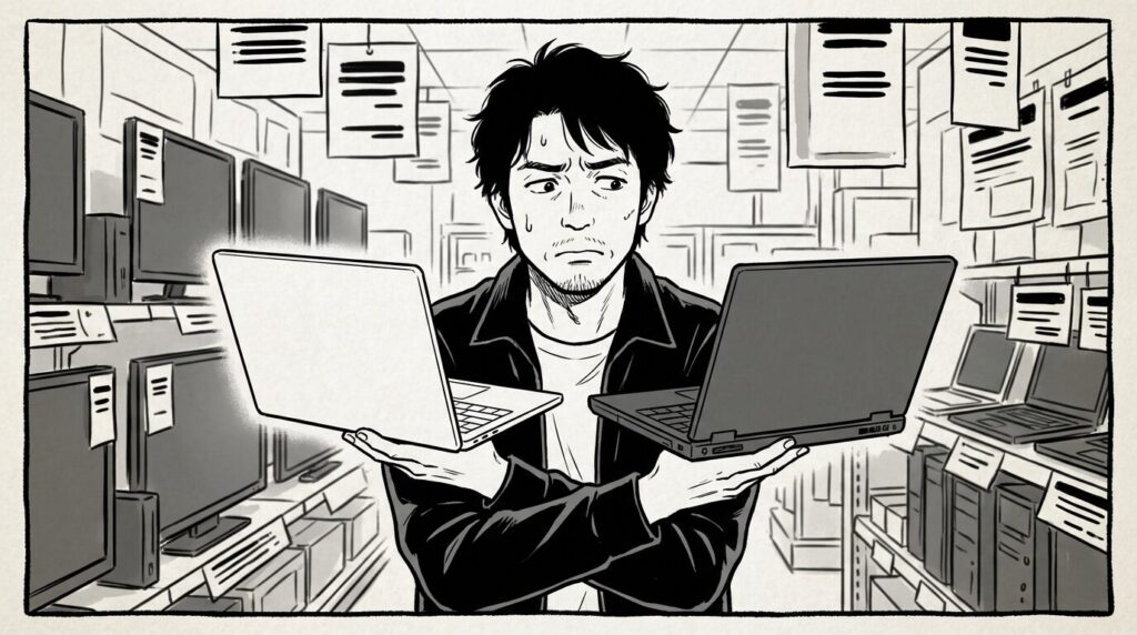 家電量販店でMacとWindowsのPCを見比べながら真剣に悩んでいるエンジニアの線画イラスト