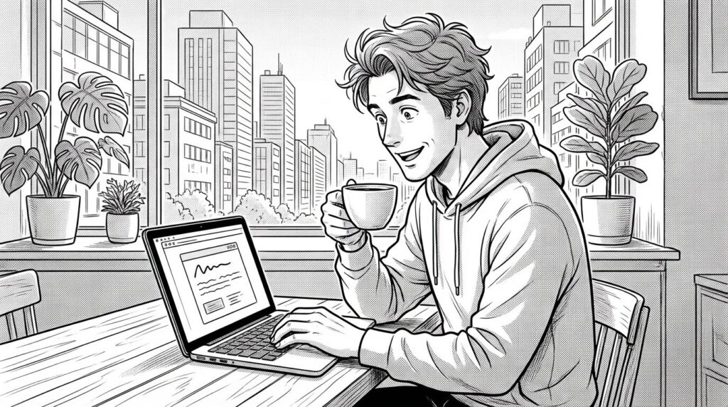 カフェで古いノートPCを開きながらブラウザ上のクラウドIDEでサクサクとコードを書いているエンジニアの線画イラスト