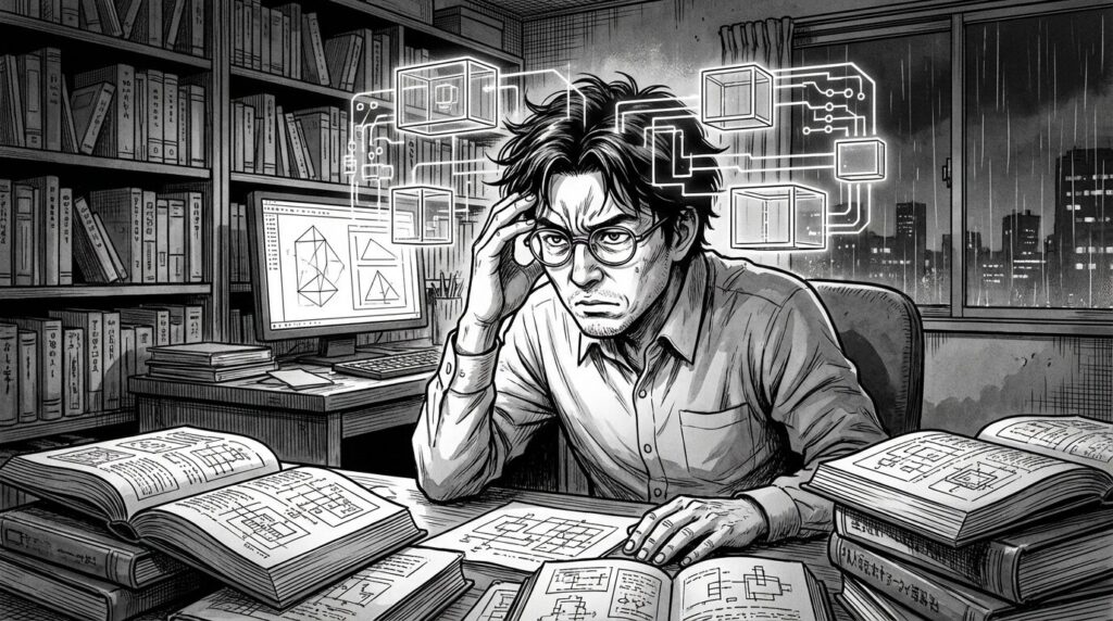 自宅のデスクで複数の技術書を開きながらDockerの設定ファイルと格闘している真剣な表情のエンジニアの線画イラスト