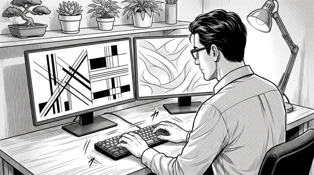 デュアルモニターと高級キーボードが設置された整ったデスク環境で快適そうに作業をしているエンジニアの線画イラスト
