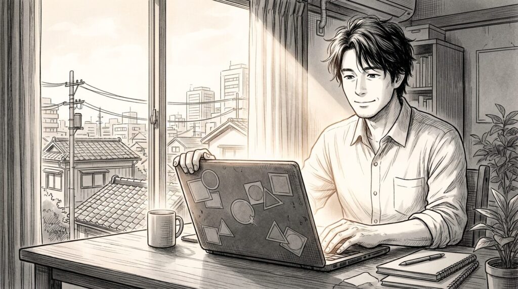 朝の光が差し込む窓辺で使い込んだノートPCを開き新しい案件のコードを書き始めているエンジニアの線画イラスト