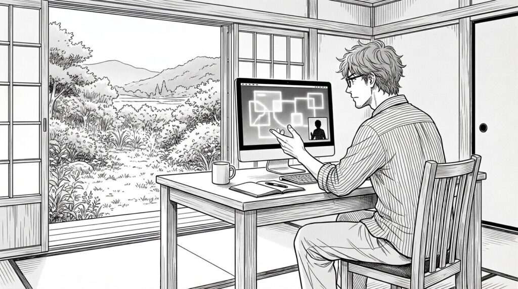 地方の自宅にある広々とした作業デスクで東京のエージェントとオンライン面談をしているエンジニアの線画イラスト