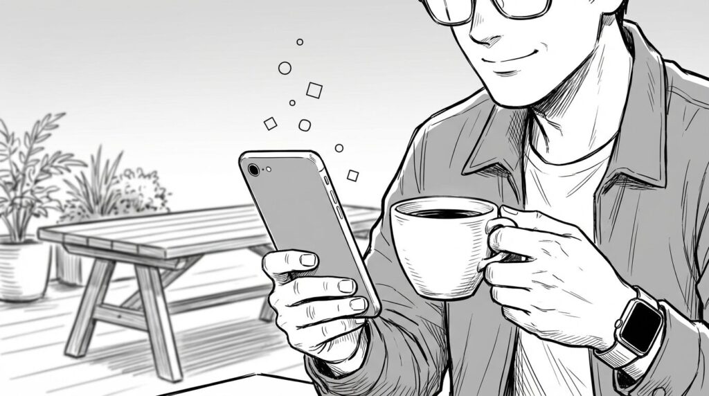 カフェのテラス席でスマホを片手にSNSで他のエンジニアや企業アカウントと交流している様子の線画イラスト