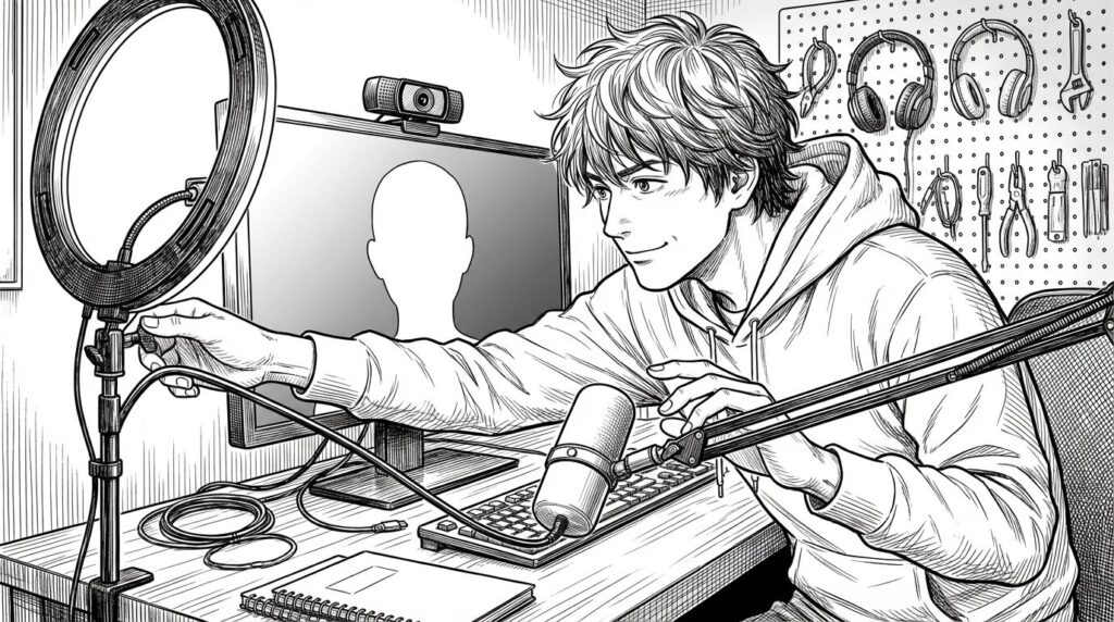 自宅のデスクにリングライトと良質なマイクをセットして笑顔でZoomミーティングに臨むエンジニアの線画イラスト