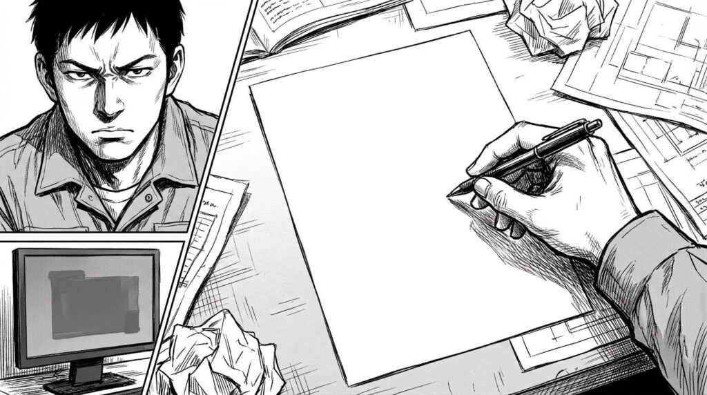 書類の山と格闘しながら契約書の管轄裁判所の項目を指差し確認しているエンジニアの線画イラスト