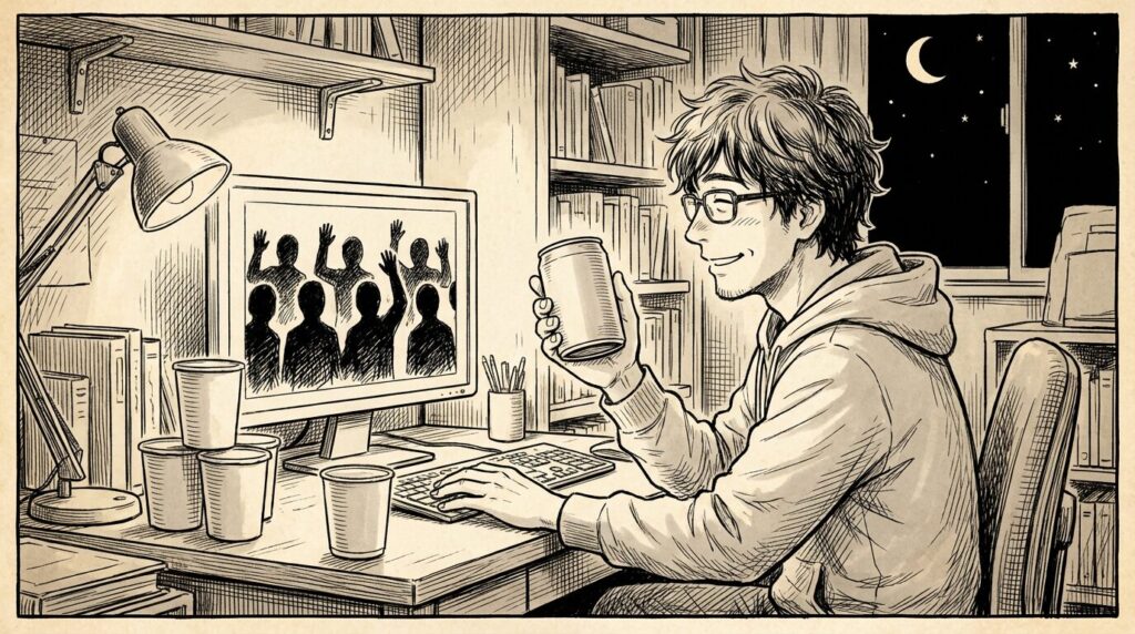 オンラインコミュニティのメンバーとZoom飲み会をしながら笑顔で乾杯しているエンジニアの線画イラスト