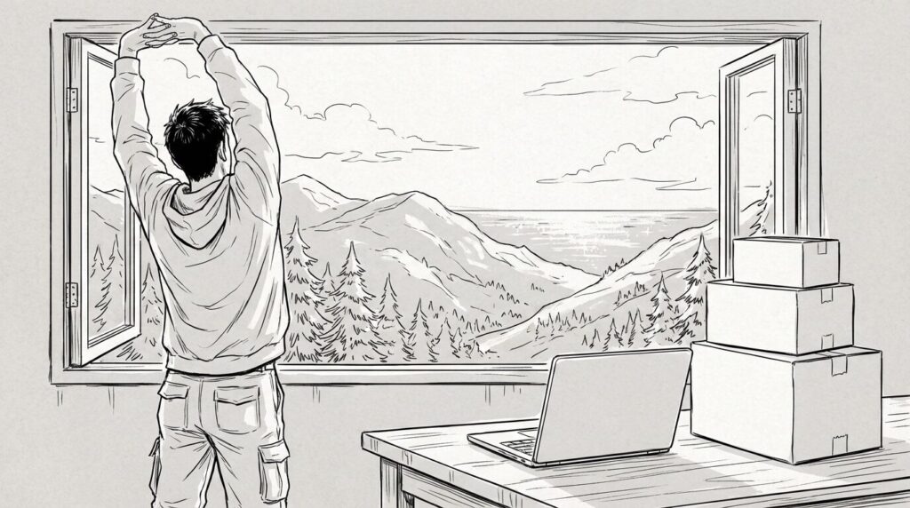 朝の光が差し込む窓辺で窓の外の自然豊かな風景を眺めながらPCを開くエンジニアの線画イラスト
