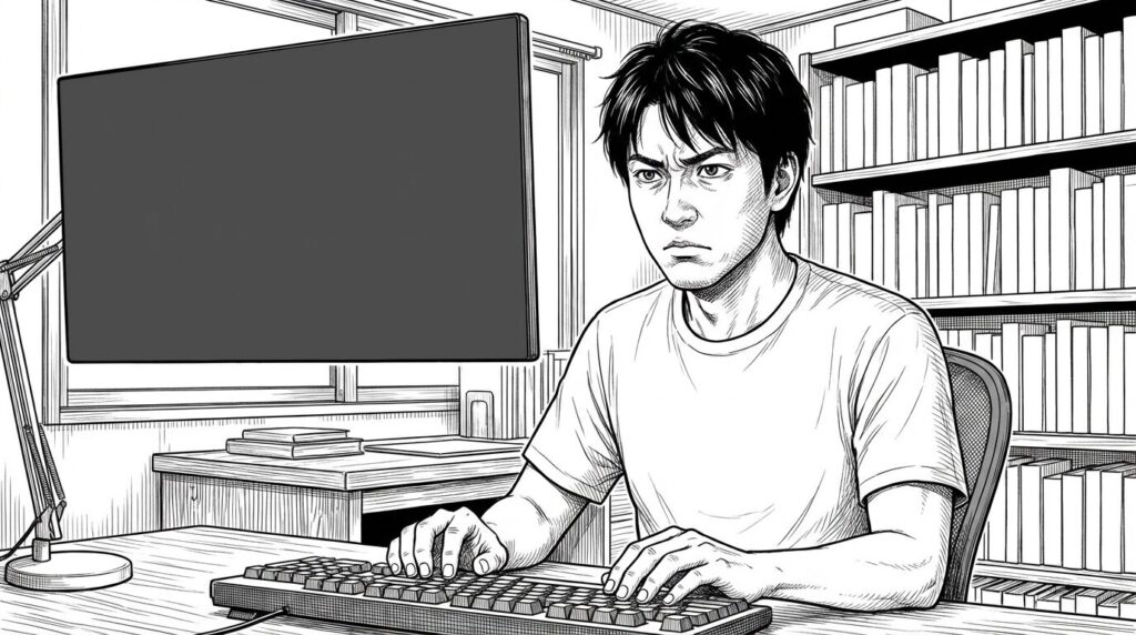 自宅のデスクでパソコンに向かい、開発環境の構築作業に集中している30代男性の線画イラスト