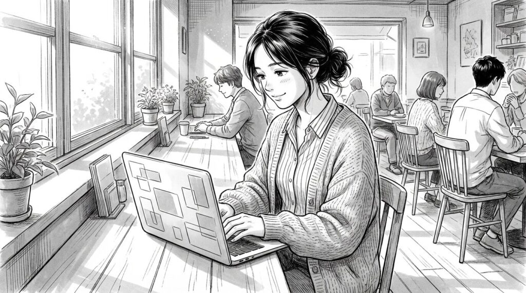 カフェの窓際の席で、ノートパソコンを開きポートフォリオサイトの作成に取り組む20代後半女性の線画イラスト