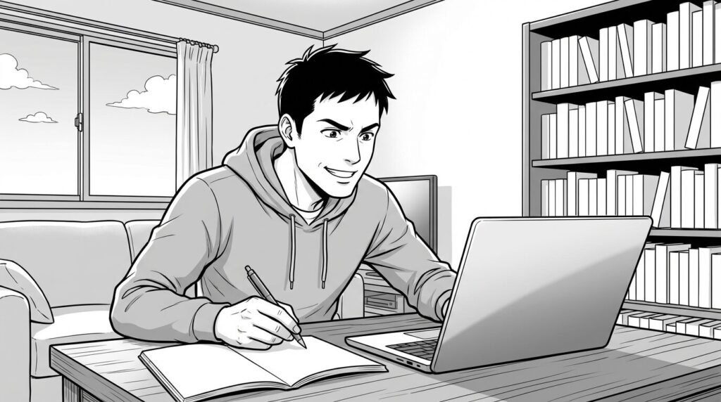 自宅のデスクでクラウドソーシングサイトを開き、案件に応募する準備をしている30代男性の線画イラスト