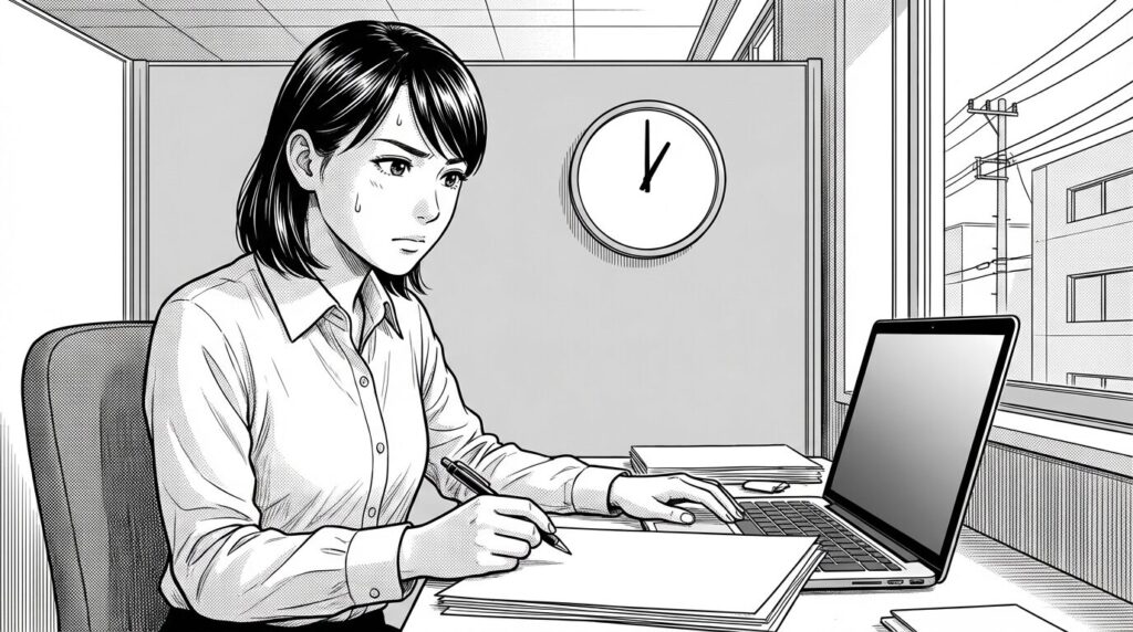 コワーキングスペースの個室ブースで、スキルシートをExcelで作成している20代後半女性の線画イラスト