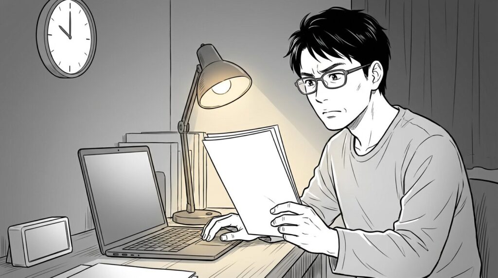 夜の自宅で、契約書をチェックリストと照らし合わせながら確認している30代後半男性の線画イラスト