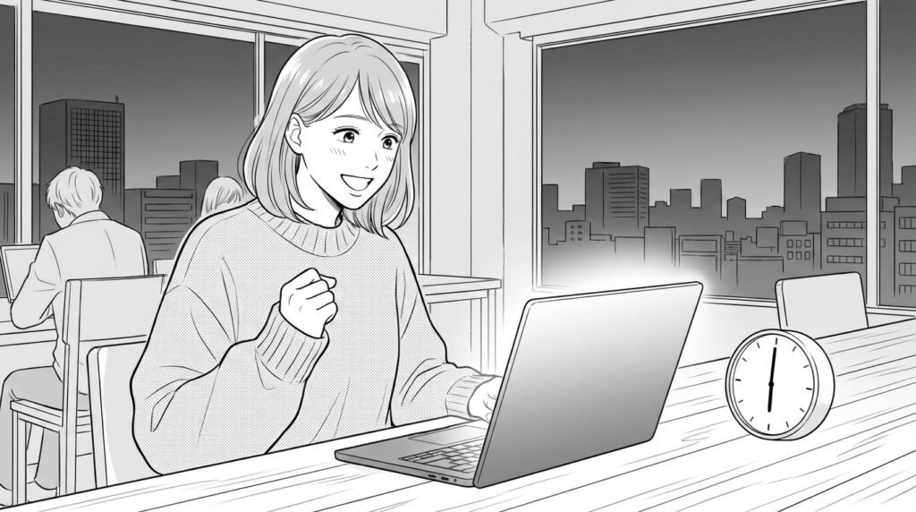 コワーキングスペースで初めての案件を完遂し、クライアントから高評価をもらって安堵している30代前半女性の線画イラスト