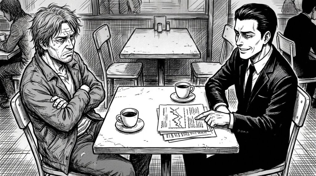 カフェでエージェントの担当者と面談しているが提示された案件資料を見て渋い顔をしているエンジニアの線画イラスト