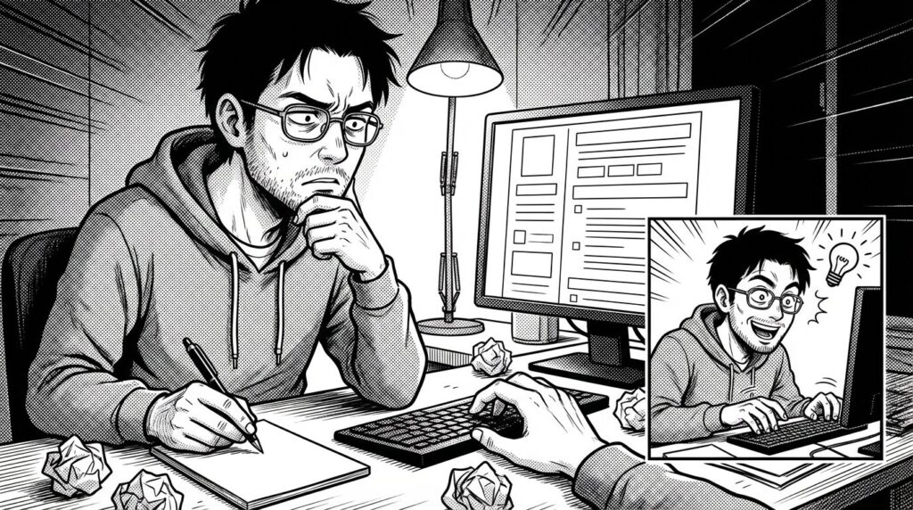 自宅のデスクで職務経歴書を推敲しながら自分の強みをどう表現するか悩んでいるエンジニアの線画イラスト