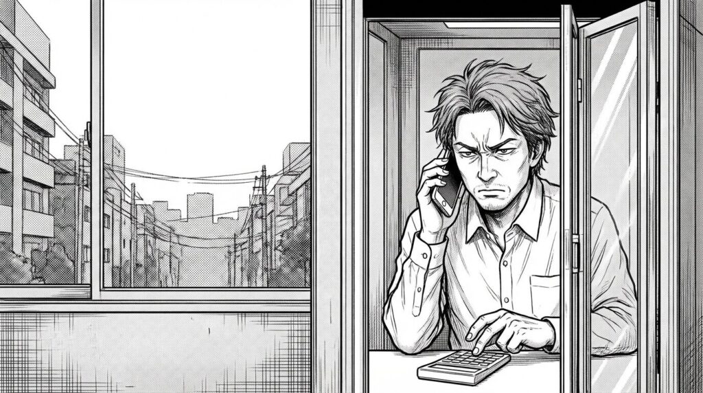 エージェントの担当者と電話で単価交渉をしながら電卓を叩いて計算しているエンジニアの線画イラスト