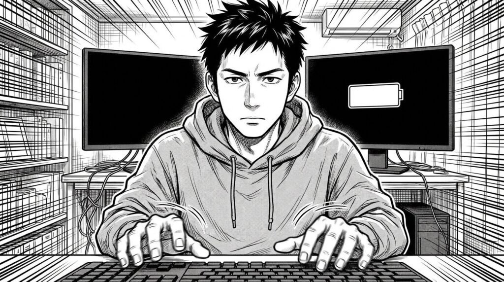 自宅の作業環境でSlackの通知を確認し即座に返信を打ち込んでいるエンジニアの線画イラスト