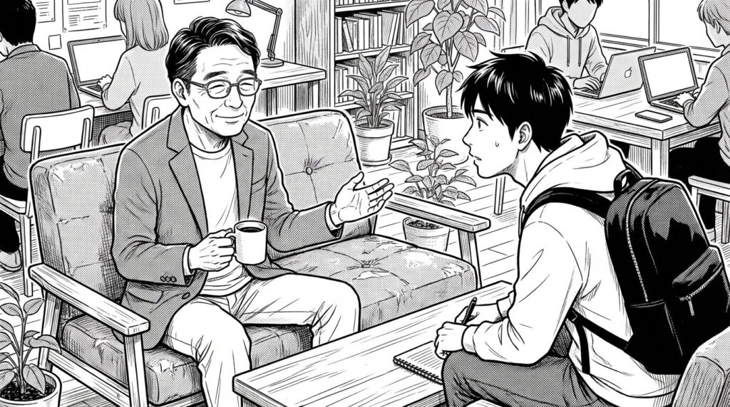 コワーキングスペースで後輩エンジニアからの質問に答えているベテランエンジニアの線画イラスト