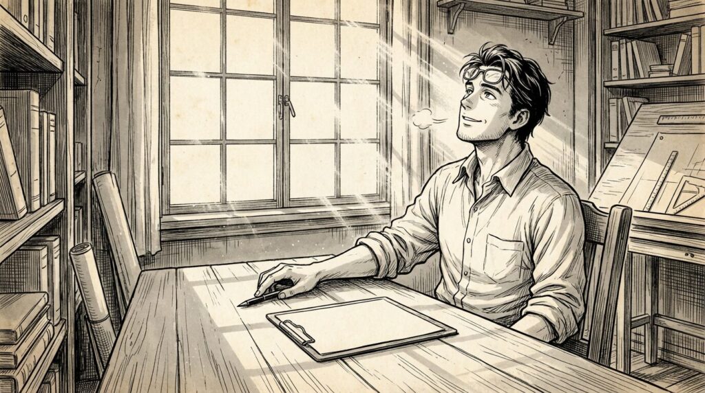 朝の光が差し込む部屋で新しい案件の契約書にサインをして清々しい表情をしているエンジニアの線画イラスト