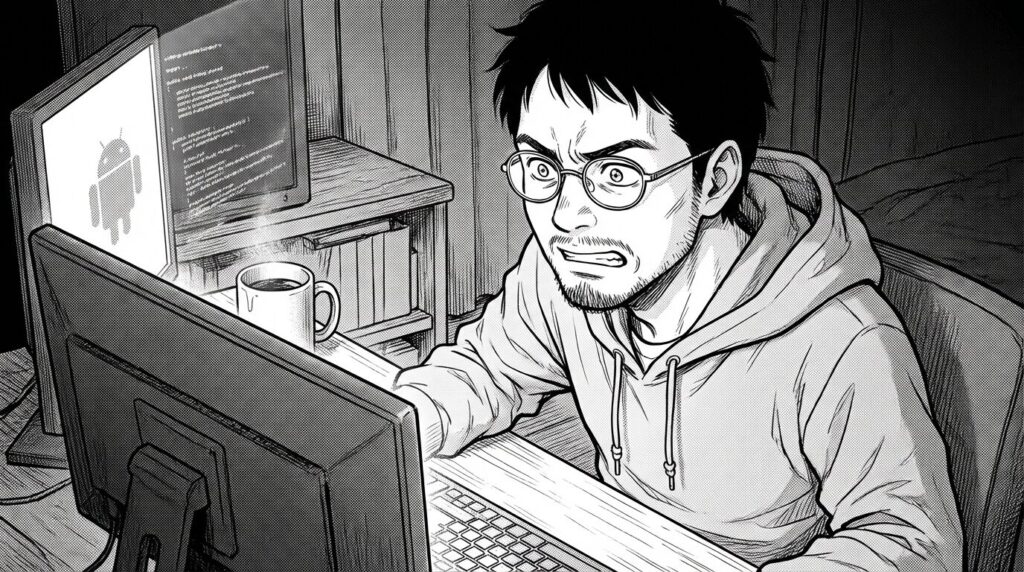 深夜の自室で、PC画面に表示されたAndroid Studioのロゴと複雑なコードを見つめ、期待と不安が入り混じった表情でコーヒーを飲んでいる30代男性の線画イラスト