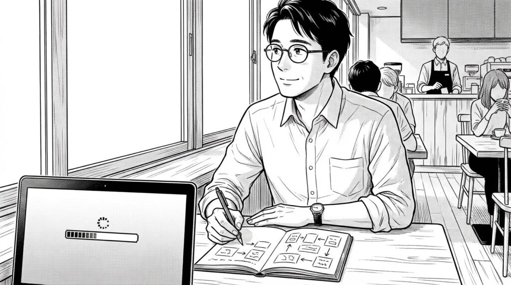カフェのテーブルで、プログレスバーがゆっくり進むPC画面を眺めながら、未来のアプリの構想をノートに書き留めている男性の線画イラスト