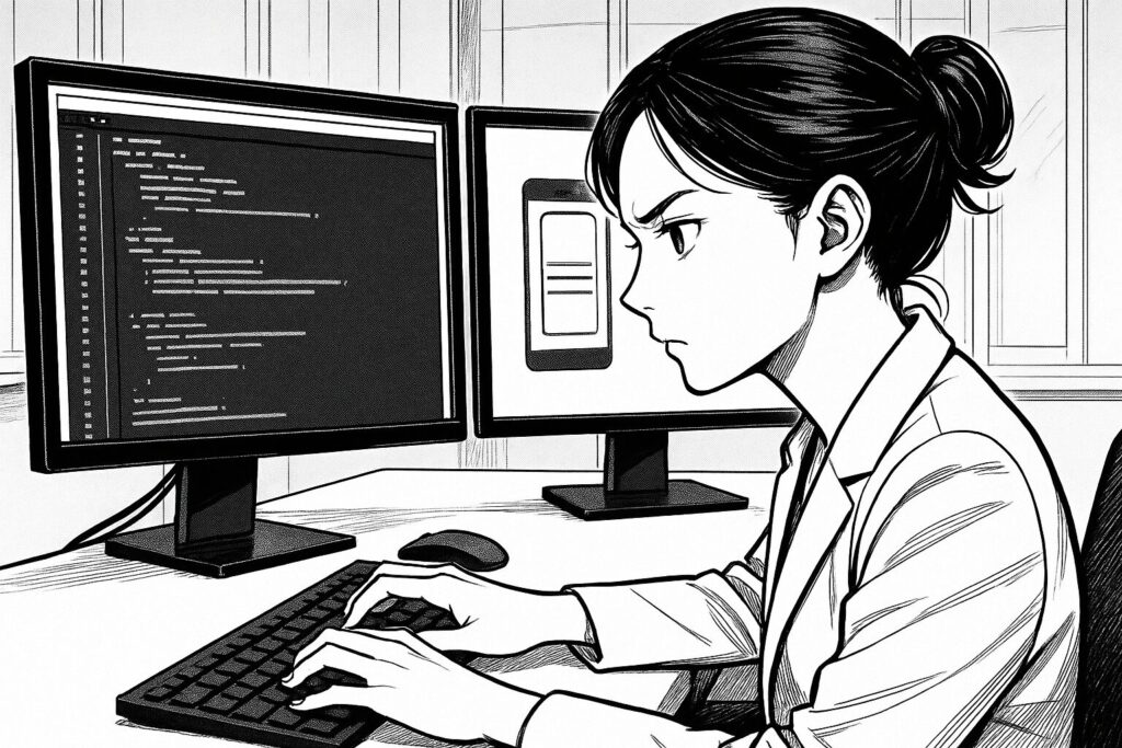 複数のモニターが並ぶ本格的な作業デスクで、左画面にコード、右画面にレイアウトプレビューを表示させ、集中してキーボードを叩く女性エンジニアの線画イラスト