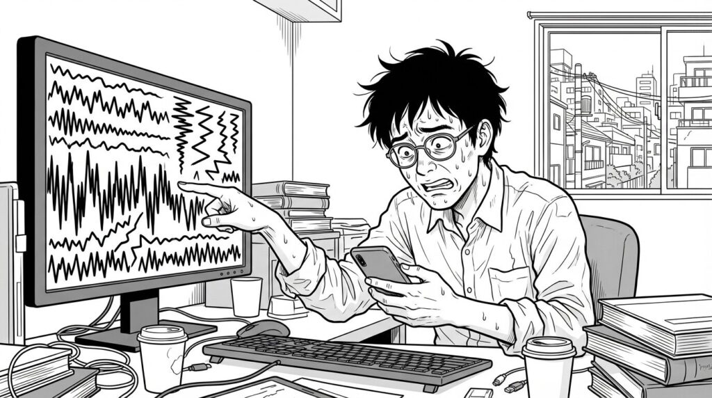 PC画面に表示された複雑なエラーログを指差しながら、対処法を必死に調べているが、解決の糸口が見つからず少し焦っているエンジニアの線画イラスト