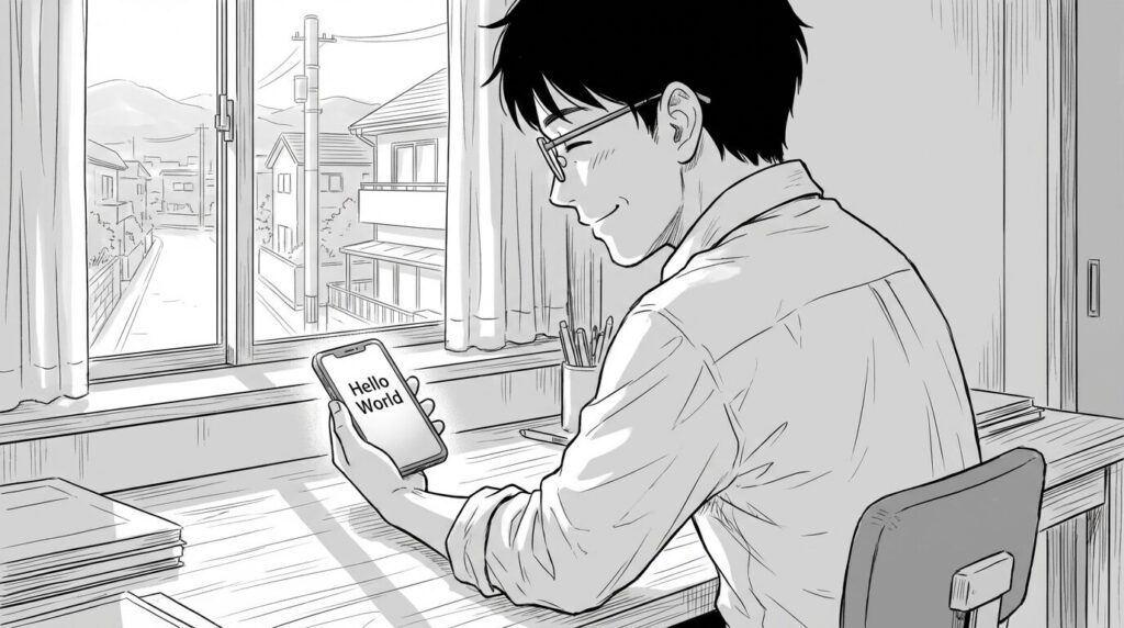 朝日が差し込む窓辺のデスクで、自分のスマホに表示された「Hello World」の画面を見て、静かな達成感と未来への希望を感じているエンジニアの背中の線画イラスト