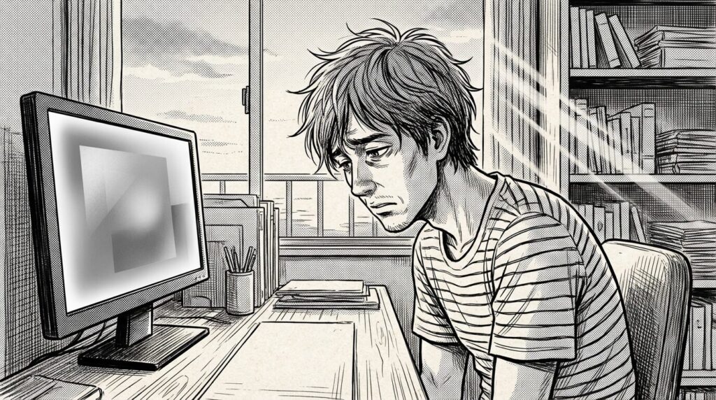 自宅のデスクで不採用通知メールを見て落ち込んでいる20代後半男性の線画イラスト