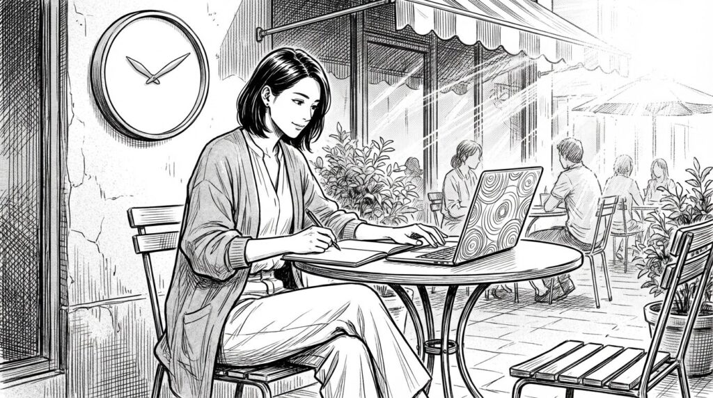 カフェでノートパソコンを開き、オリジナルアプリのアイデアをノートに書き出している30代前半女性の線画イラスト