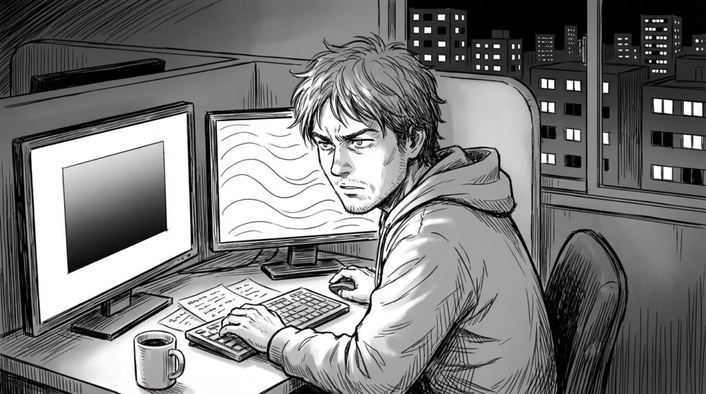 コワーキングスペースの個室で、複数の技術書とノートパソコンを広げて学習している30代前半男性の線画イラスト