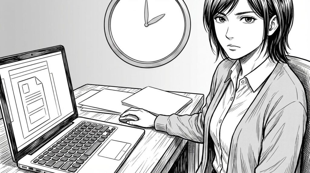 自宅のリビングで履歴書と職務経歴書を何度も書き直している20代後半女性の線画イラスト