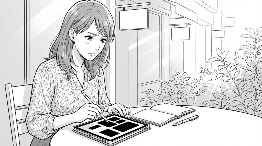 カフェのテラス席で、タブレットでキャリアパスの選択肢を調べている30代半ば女性の線画イラスト