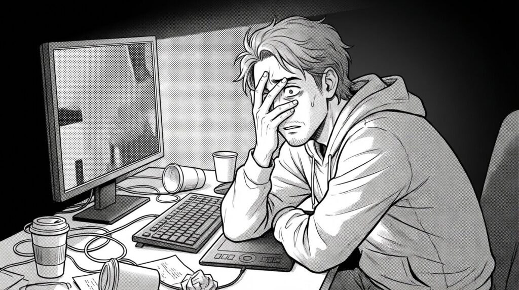 深夜のデスクで、原色だらけの「目が痛い」Webサイトをモニターに表示し、頭を抱えて絶望しているエンジニアの線画イラスト