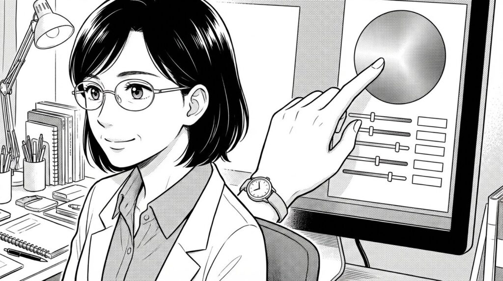 モニターに表示されたカラーピッカーのHSB数値を指差しながら、色の選び方をロジカルに解説しているエンジニアの線画イラスト