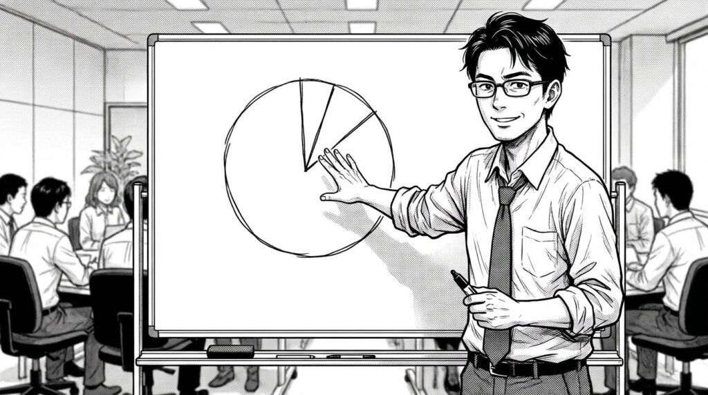 ホワイトボードに「60:30:10」の比率グラフを描き、配色のバランスについて熱心に語っているエンジニアの線画イラスト