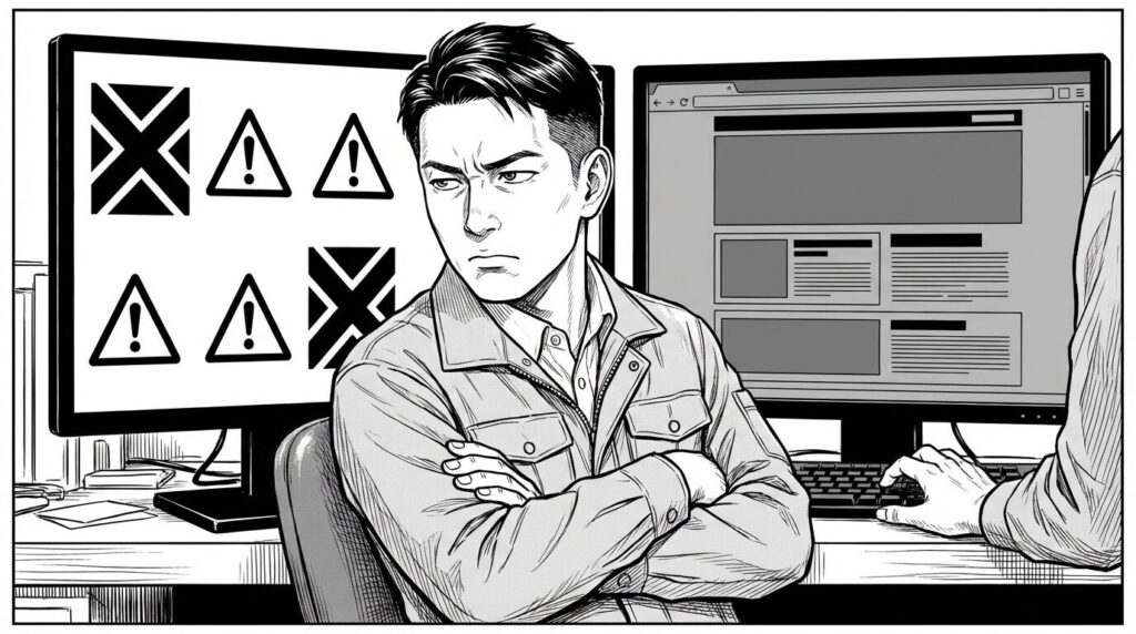 アクセシビリティチェックツールを使ってコントラスト比を確認し、「NG」判定が出て修正案を考えているエンジニアの線画イラスト