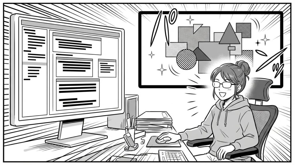 CSSのコード画面とプレビュー画面が並んでおり、変数を書き換えると画面全体の色が一瞬で切り替わる様子を描いた線画イラスト