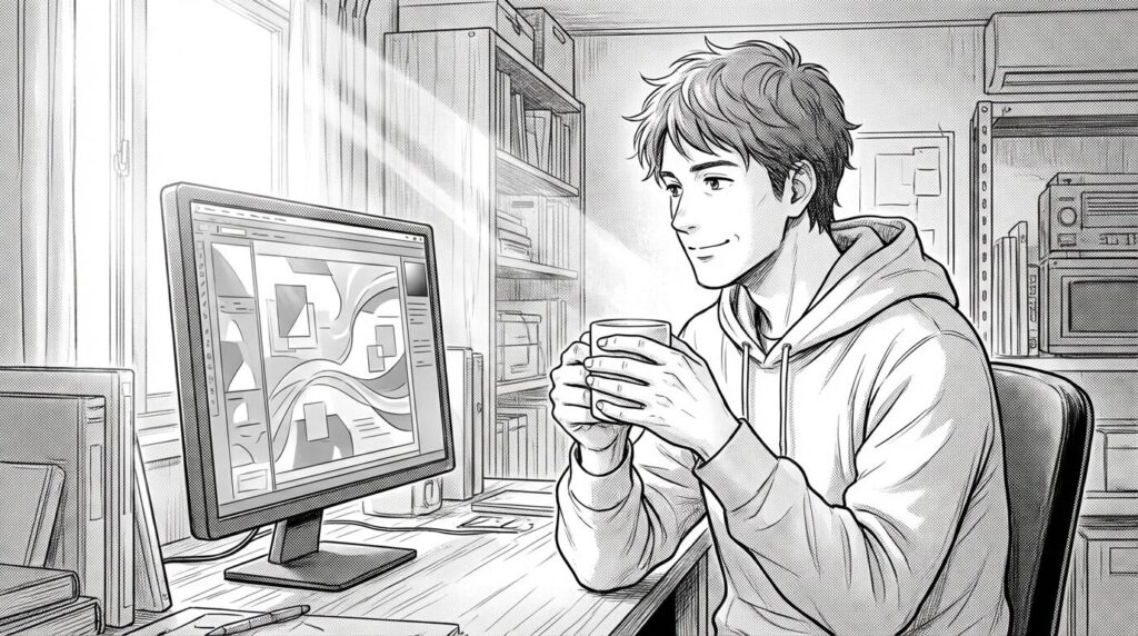 窓から朝日が差し込む部屋で、完成した美しい配色のWebサイトが表示されたモニターを満足げに見つめるエンジニアの線画イラスト