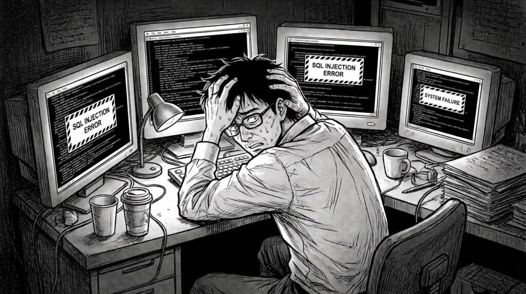 深夜のオフィスで、過去の自分が書いた大量のPHPコードとセキュリティ警告のエラーログに囲まれ、頭を抱えて絶望している様子の線画イラスト