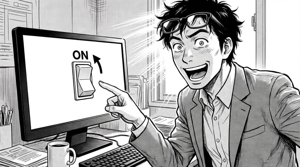 Firebase Consoleの画面を見ながら、ログイン方法の「メール/パスワード」のスイッチを「ON」に切り替え、その手軽さに驚きと感動を覚えているエンジニアの線画イラスト