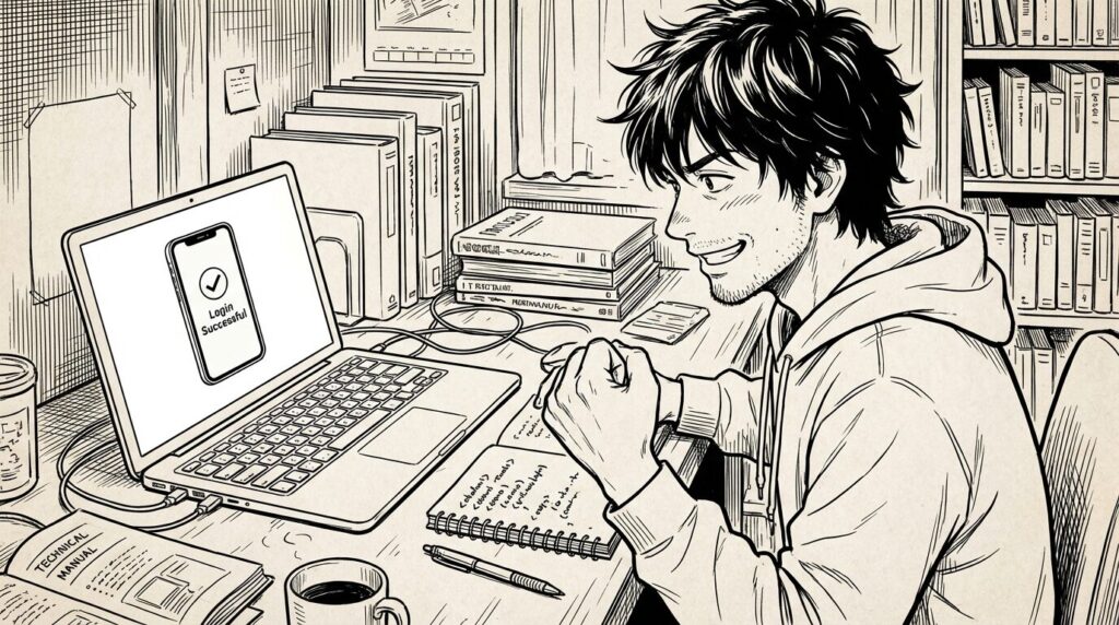 自宅の作業デスクで、Reactのコードを書き進め、シミュレーター上でログイン機能がエラーなく動作した瞬間に、静かにガッツポーズをするエンジニアの線画イラスト