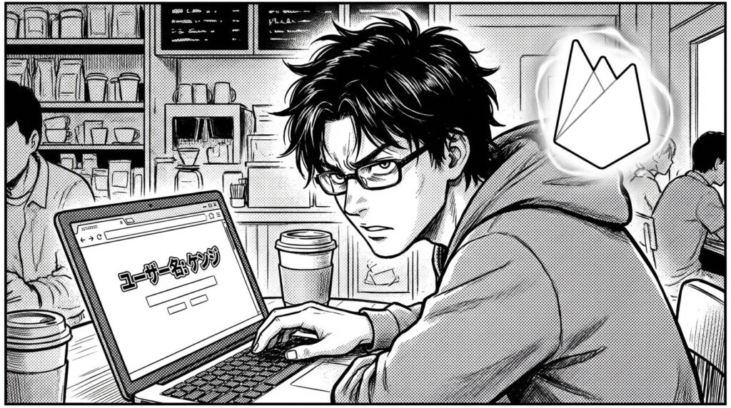 PC画面に表示されたアプリで、ページをリロードしても「ようこそ〇〇さん」という表示が消えないことを確認し、仕組みを理解して深く納得しているエンジニアの線画イラスト