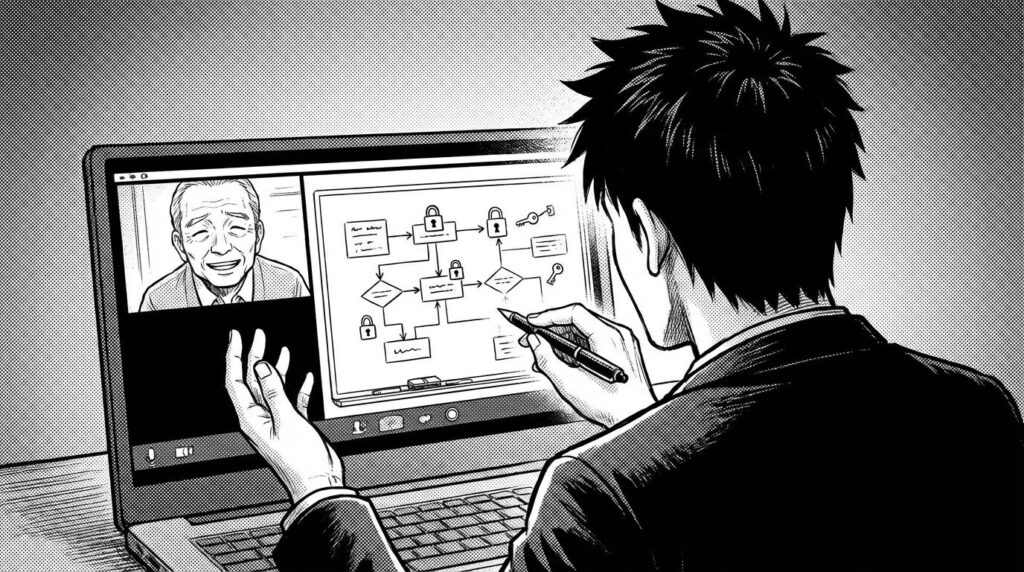 オンライン会議の画面越しに、クライアントに対してセキュリティルールの仕組みと安全性を図解を使って丁寧に説明し、信頼を勝ち取っているエンジニアの線画イラスト